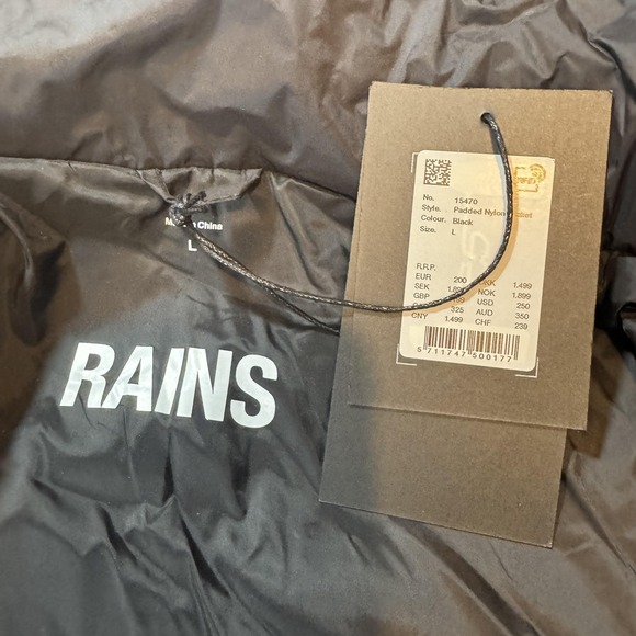 Rains Padded Nylon Coat Mens Large Black Hooded Waterproof Rain Jacket Outerwear - Picture 5 of 9